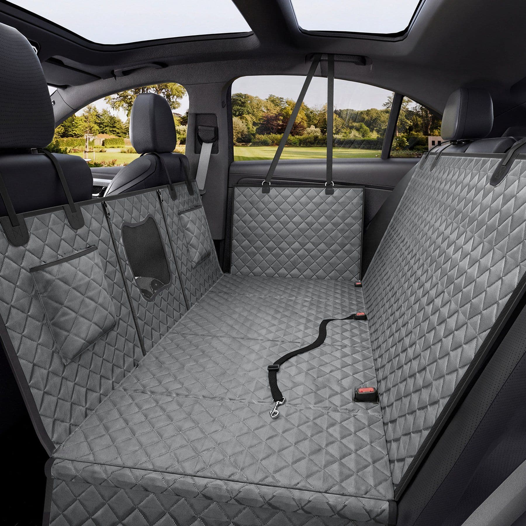 Pawvilion Water Resistant Hard Bottom Hammock Dog Car Seat Cover with Seatbelt Tether, Dark Gray/Black Trim, Large: 55.1 x 30.5 x 15.6-in
