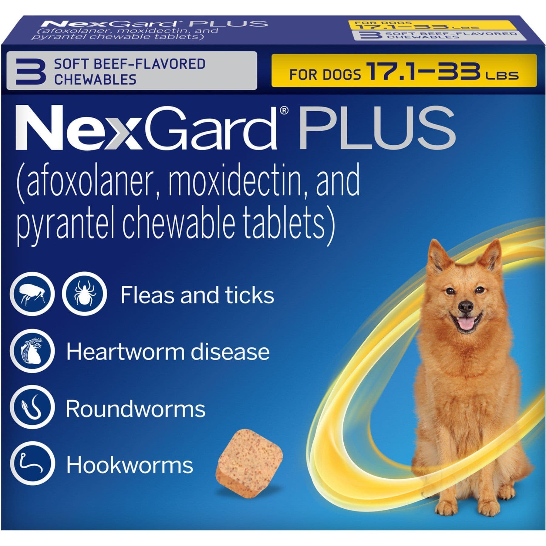 NexGard PLUS Chewables for Dogs, 17.1-33 lbs. (Gold Box) 3 Chewable Tablets (3-mos. supply)