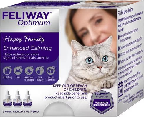 Feliway Optimum Enhanced Calming pheromone diffuser refill box containing three 48 mL refills