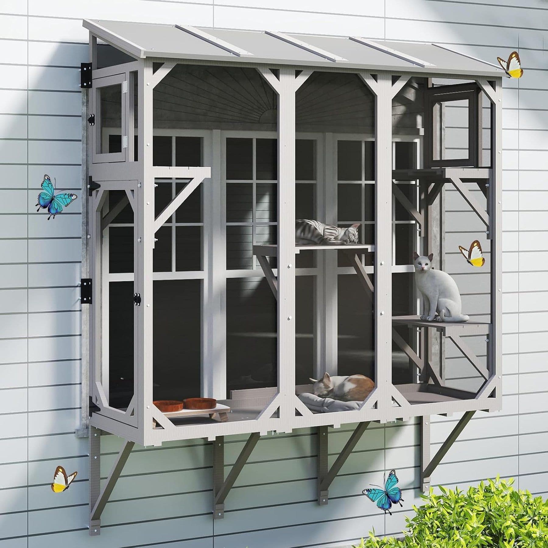 Petscosset gray window catio with platforms and covered roof