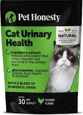 Pet Honesty Cat Urinary Health chicken-flavored dual texture chews with cranberry and glucosamine, 30 day supply pouch