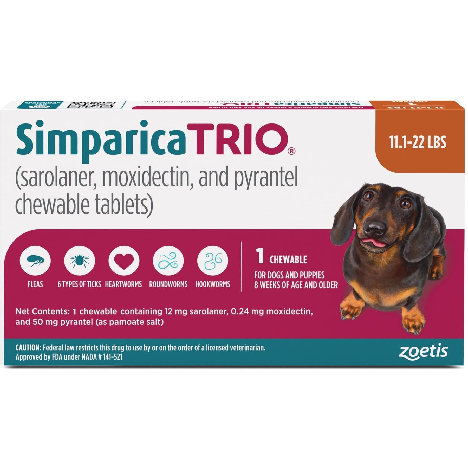 Simparica Trio Chewable Tablet for Dogs, 11.1-22.0 lbs, 1 Chewable Tablet (1-mo. supply)