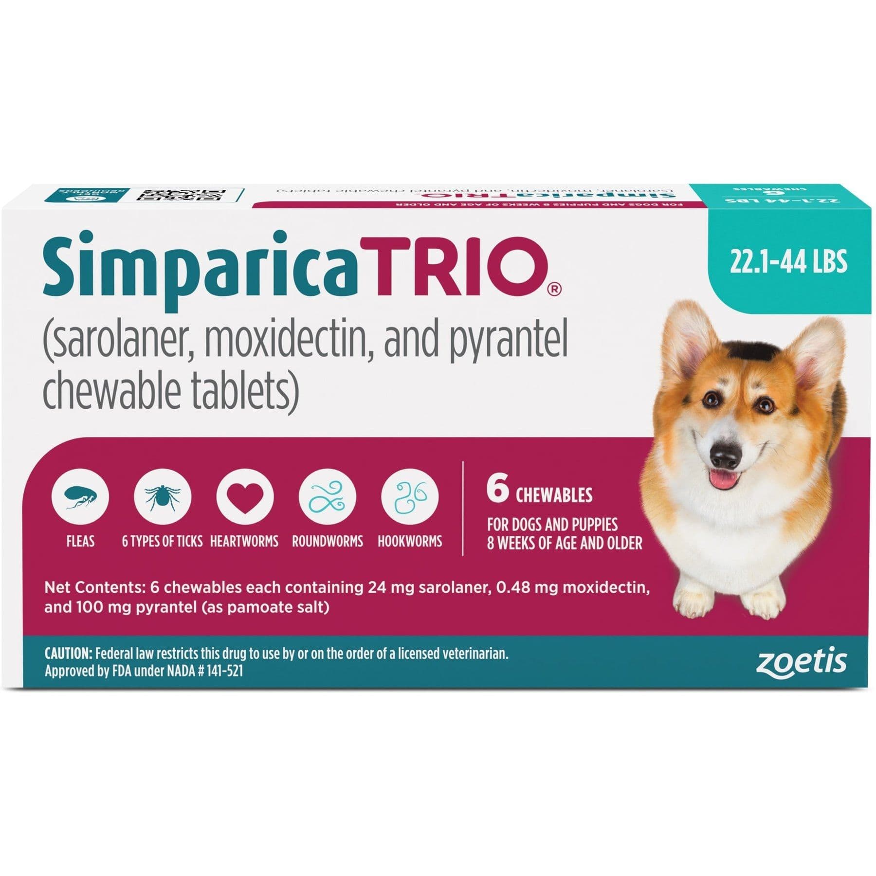 Simparica Trio 22.1-44 lbs. Dogs, 6 Month Supply