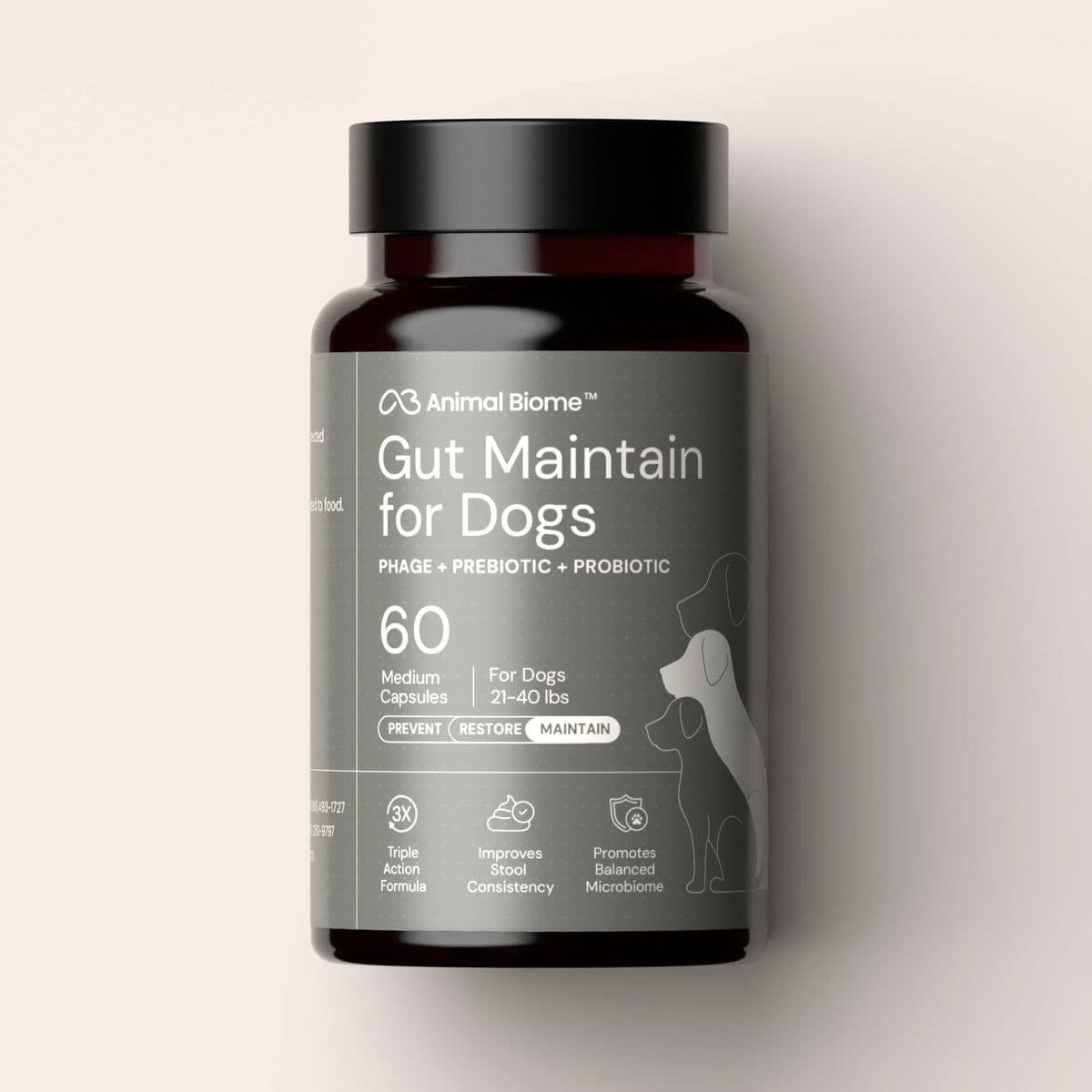 Animal Biome Gut Maintain for Dogs phage, prebiotic, and probiotic capsules bottle