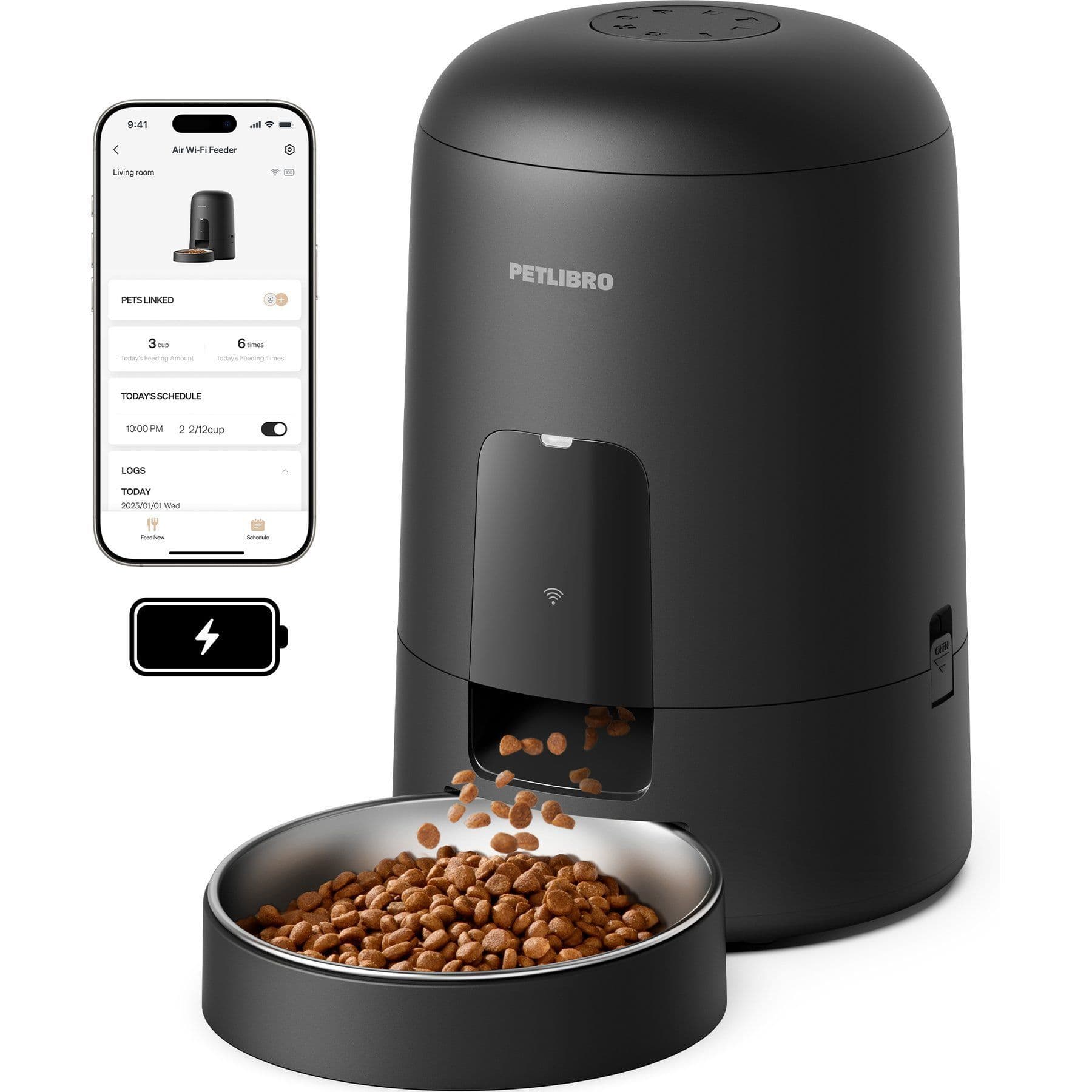 Petlibro Air Wi-Fi Automatic Dog & Cat Feeder, Black, 2-L