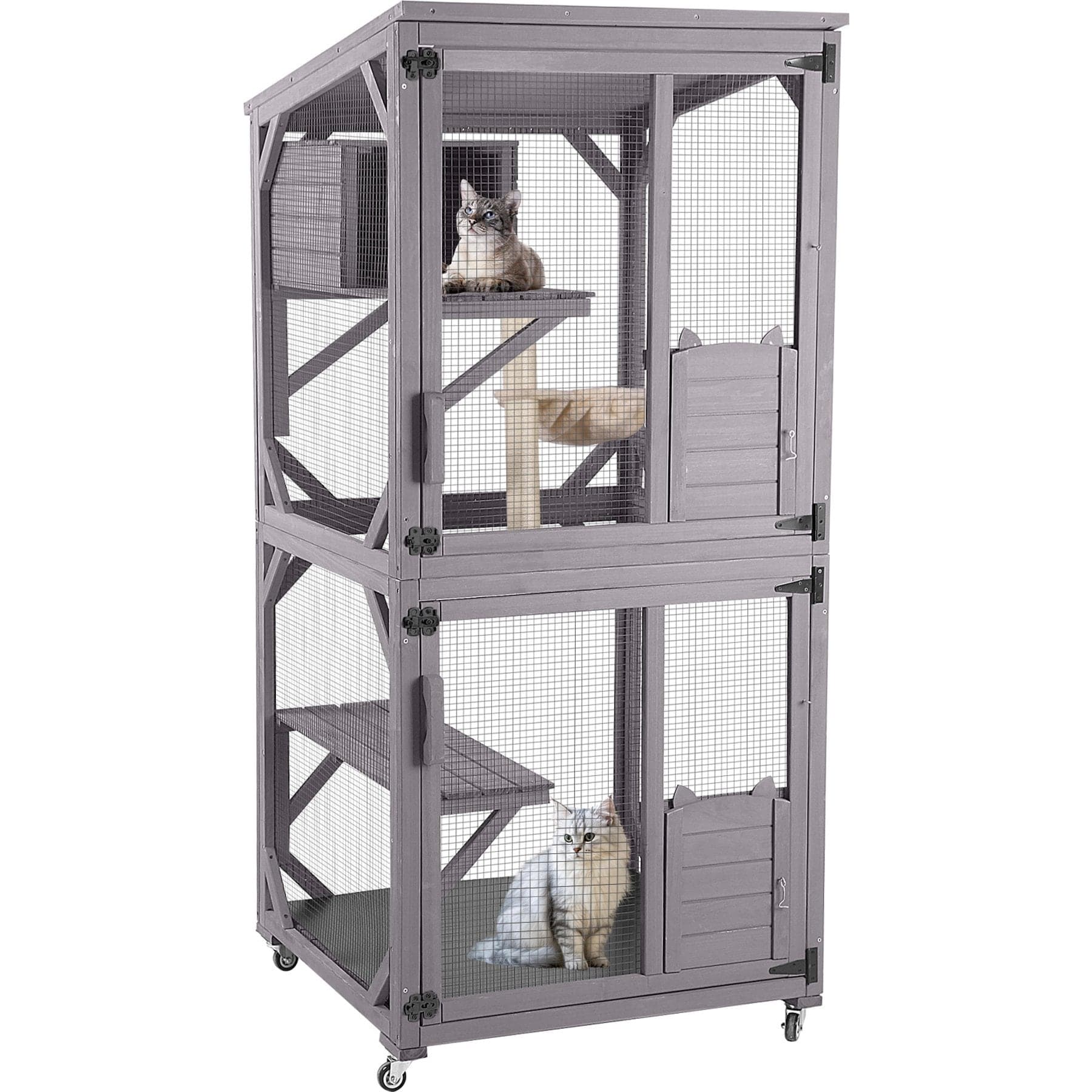 Aivituvin gray two-level wooden cat house with mesh doors and casters