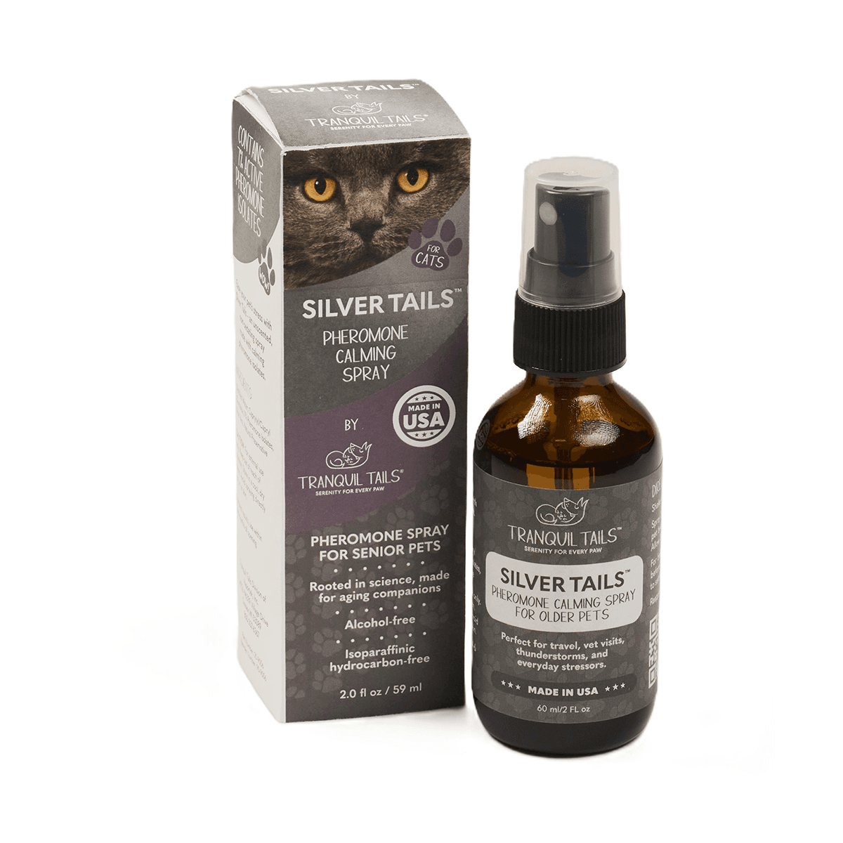 Tranquil Tails Silver Tails Pheromone Calming Spray for Senior Cats retail packaging