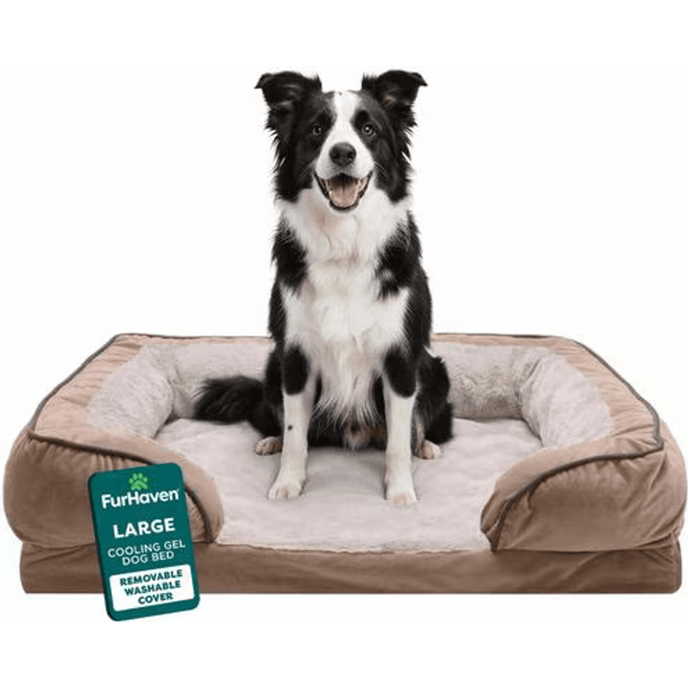 FurHaven Velvet Waves orthopedic sofa dog bed in brownstone with bolstered sides and a dog resting on it
