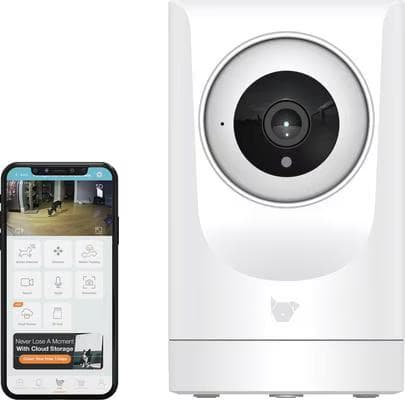 INSTACHEW Purrsight 360-degree white Wi-Fi pet camera with phone app view