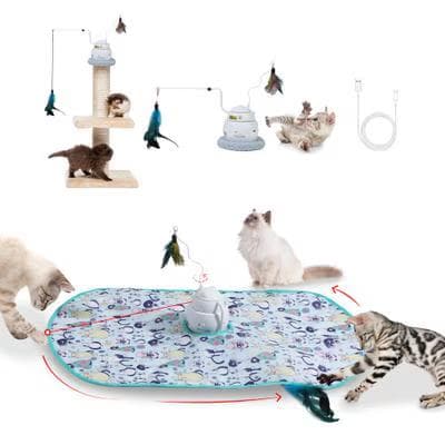 PawsPik 4-in-1 interactive cat toy set with laser unit, hide-and-seek mat, and feather wands