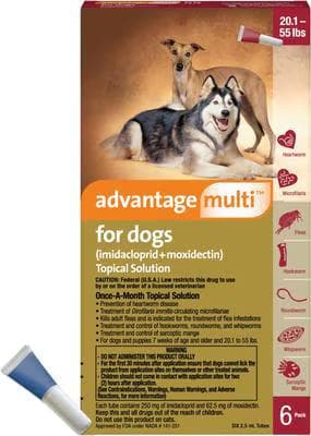 Red and gold box of Advantage Multi imidacloprid and moxidectin topical solution for dogs 20.1 to 55 pounds, 6 doses
