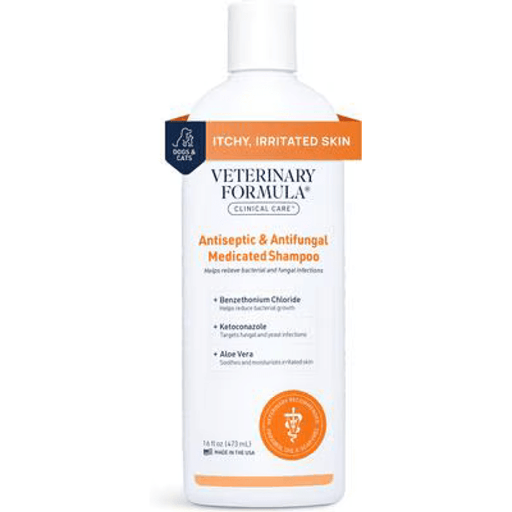 Veterinary Formula Clinical Care Antiseptic and Antifungal medicated shampoo bottle with ketoconazole and benzethonium chloride