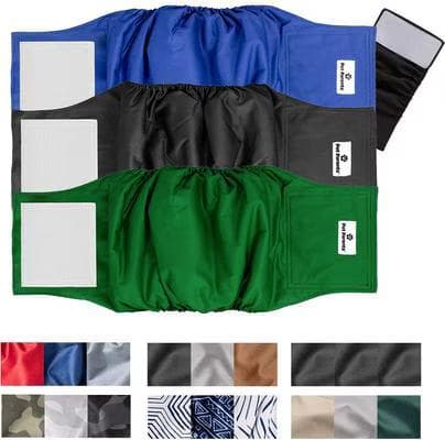 Pet Parents washable belly bands for male dogs in blue, black and green