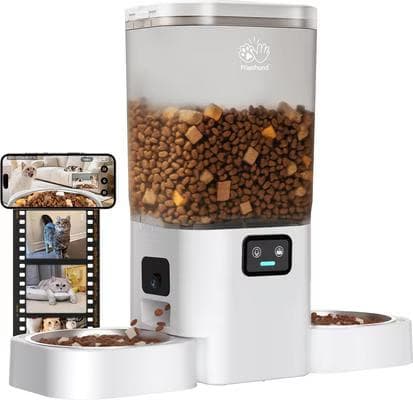 FrienHund white 1080p camera automatic two-cat feeder with dual bowls