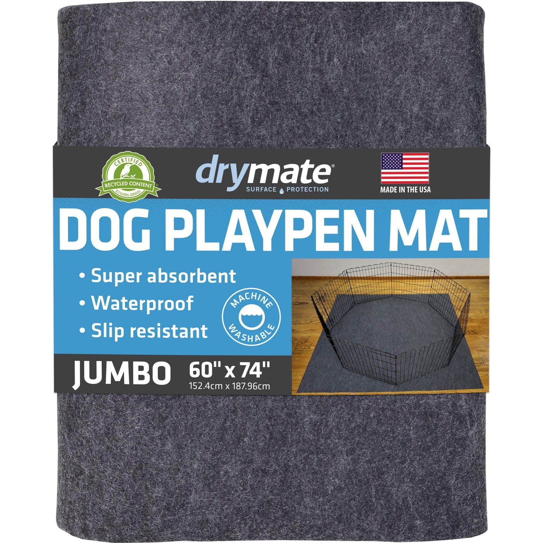 Packaged gray Drymate dog playpen mat