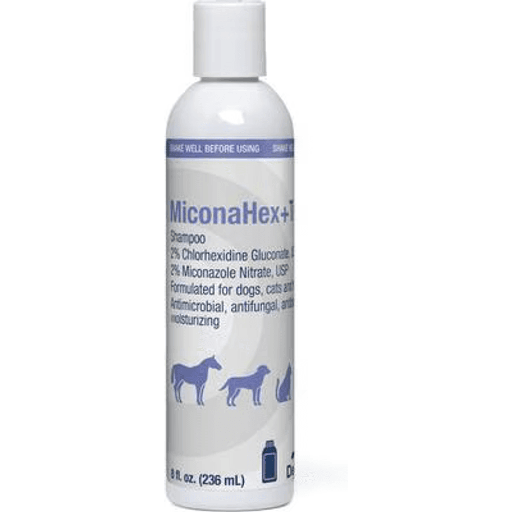 MiconaHex Triz medicated shampoo bottle with 2 percent chlorhexidine gluconate and 2 percent miconazole nitrate for dogs cats and horses