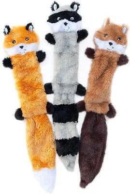 ZippyPaws Skinny Peltz no-stuffing squeaky plush dog toys, 3-pack (fox, raccoon, squirrel)