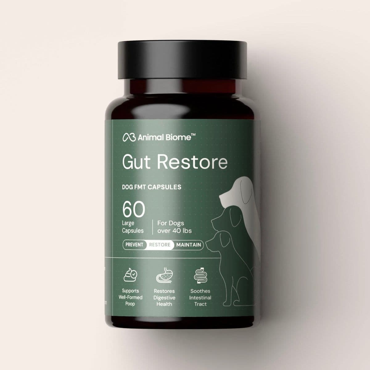 AnimalBiome Gut Restore for Dogs bottle, 60 FMT capsules for dogs over 40 lbs
