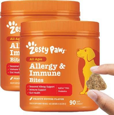 Two orange tubs of Zesty Paws Allergy and Immune Bites peanut butter soft chews for dogs, 90 count each