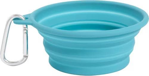 Teal Frisco silicone collapsible travel water bowl with a carabiner clip