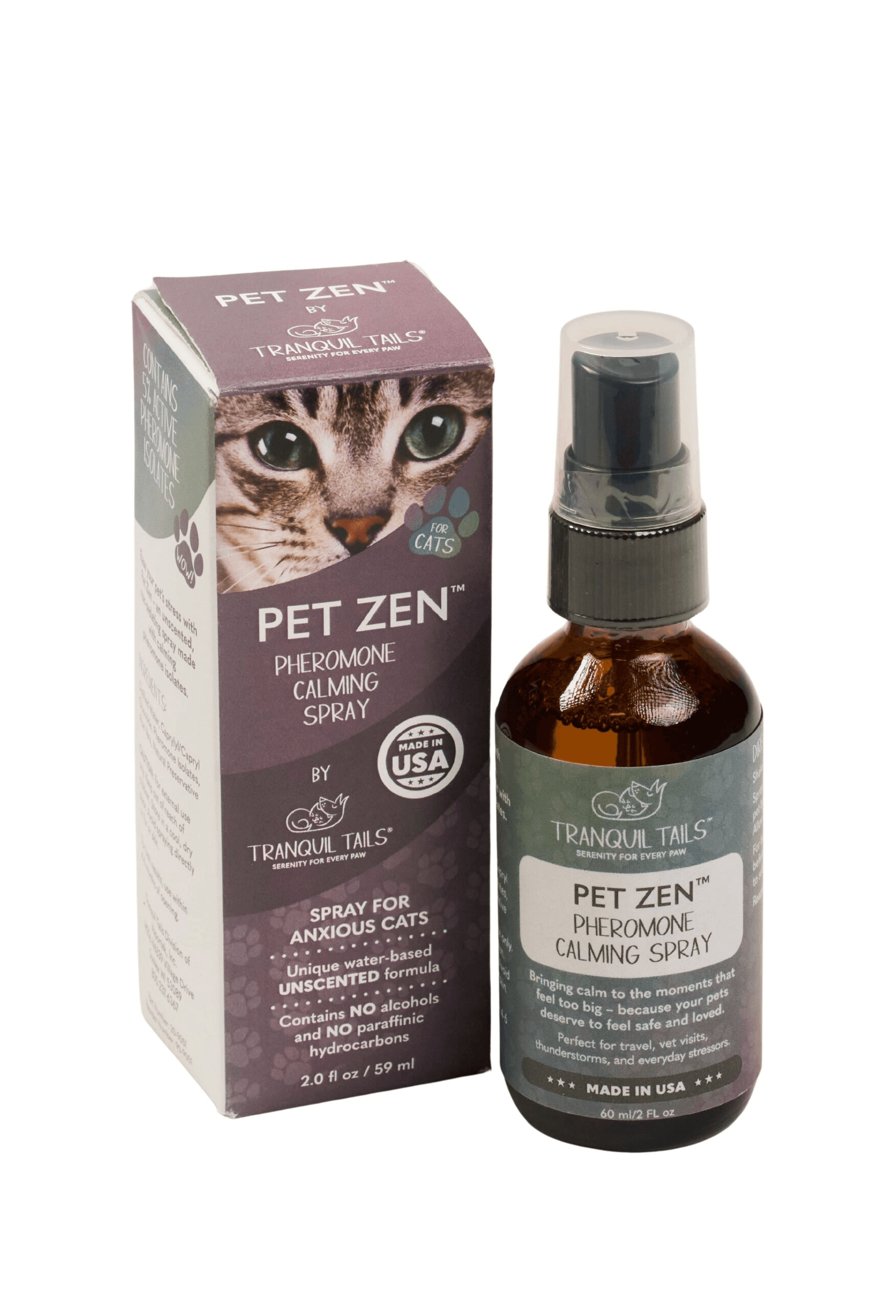 Tranquil Tails Pet Zen Pheromone Calming Spray for Cats retail packaging