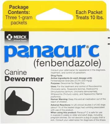 Panacur C Canine Dewormer box with three one-gram fenbendazole packets