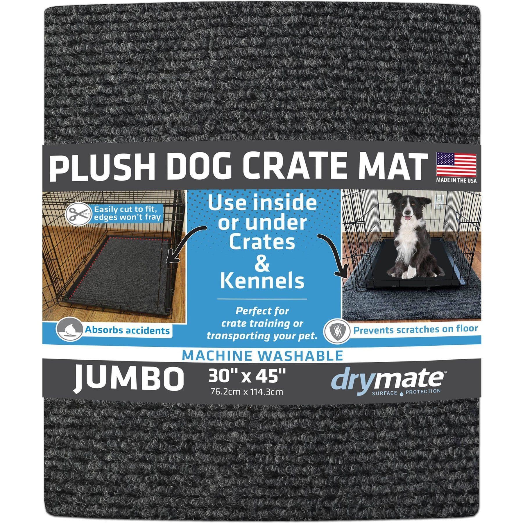 Packaged gray Drymate plush dog crate mat