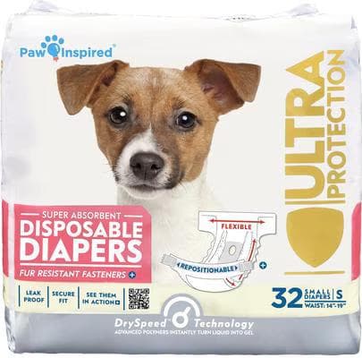 Paw Inspired Ultra Protection super-absorbent disposable female dog diapers, small size, 32-count package