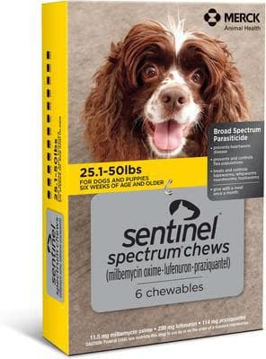 Yellow box of Sentinel Spectrum broad spectrum parasiticide chews for dogs 25.1 to 50 pounds, 6 chewables