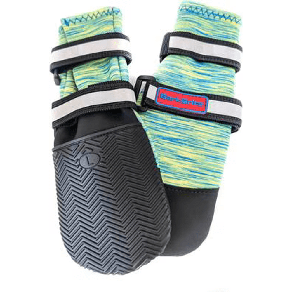 Bark Brite all-weather reflective neoprene dog boots in turquoise with grippy rubber tread soles