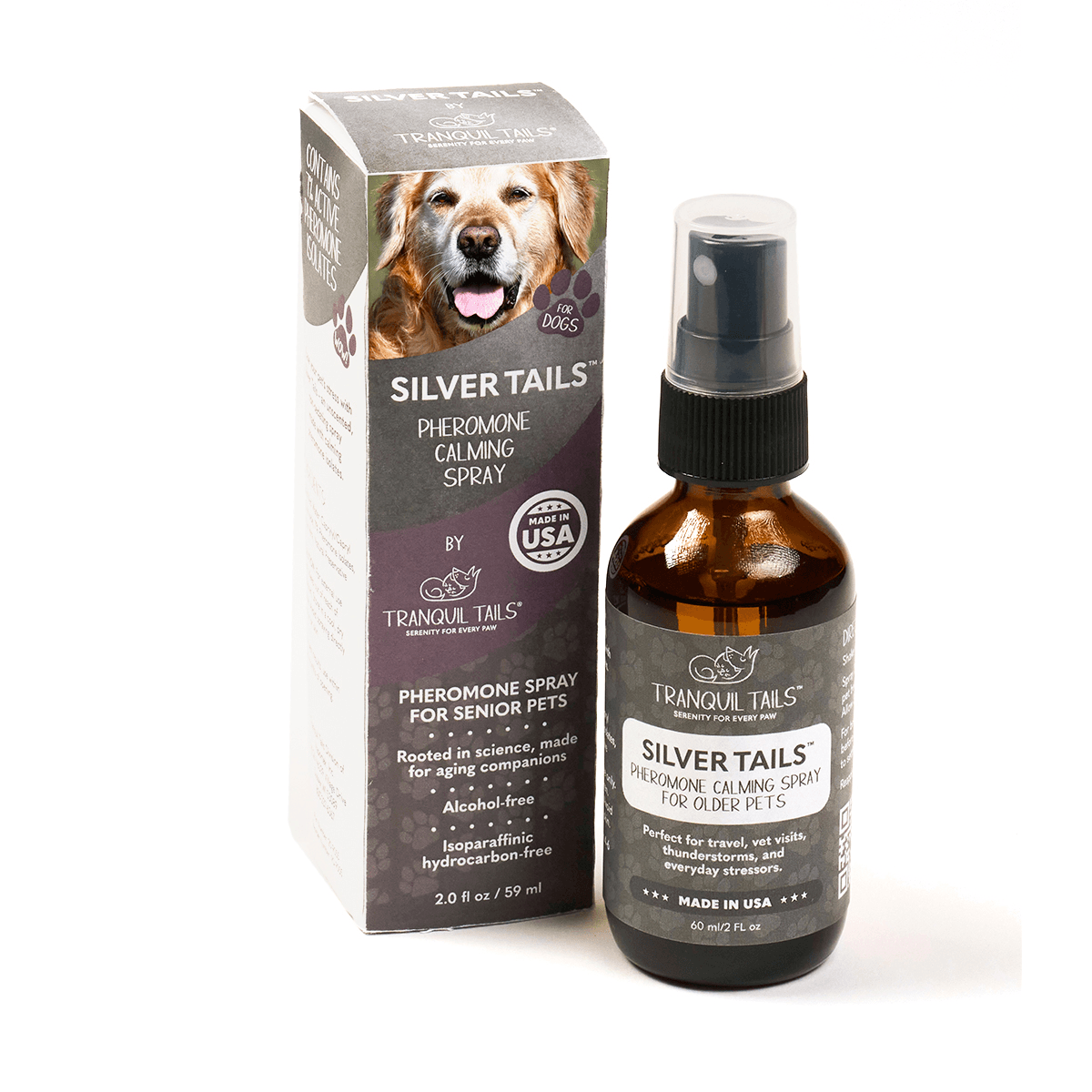 Tranquil Tails Silver Tails Pheromone Calming Spray for Senior Dogs retail packaging