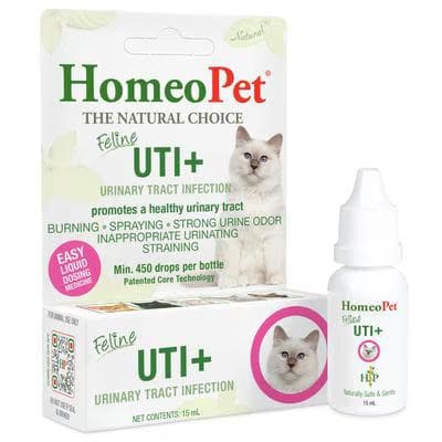 HomeoPet Feline UTI+ homeopathic urinary tract infection liquid drops for cats, 15 mL bottle and box