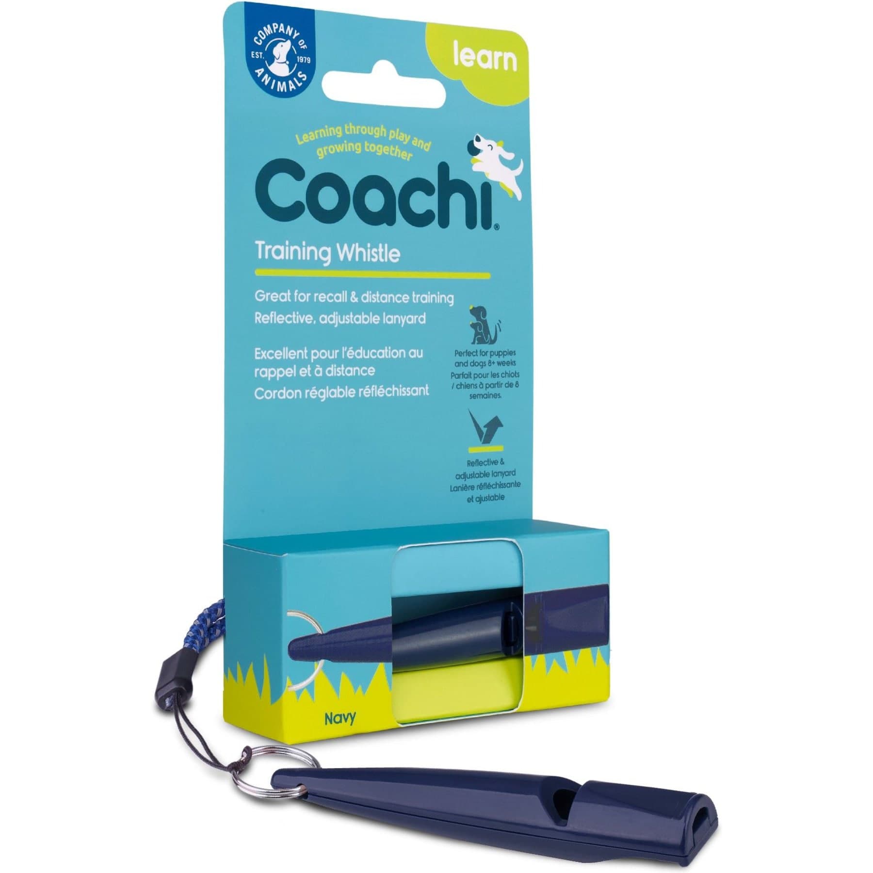 Navy Coachi training whistle and lanyard with retail packaging