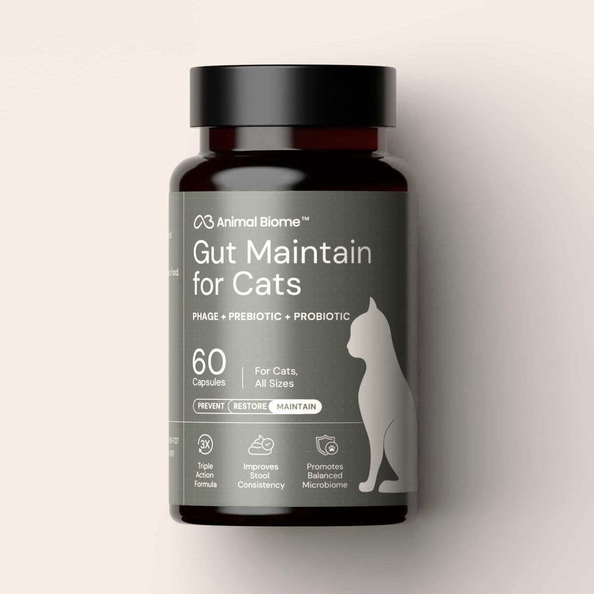 Animal Biome Gut Maintain for Cats phage, prebiotic, and probiotic capsules bottle