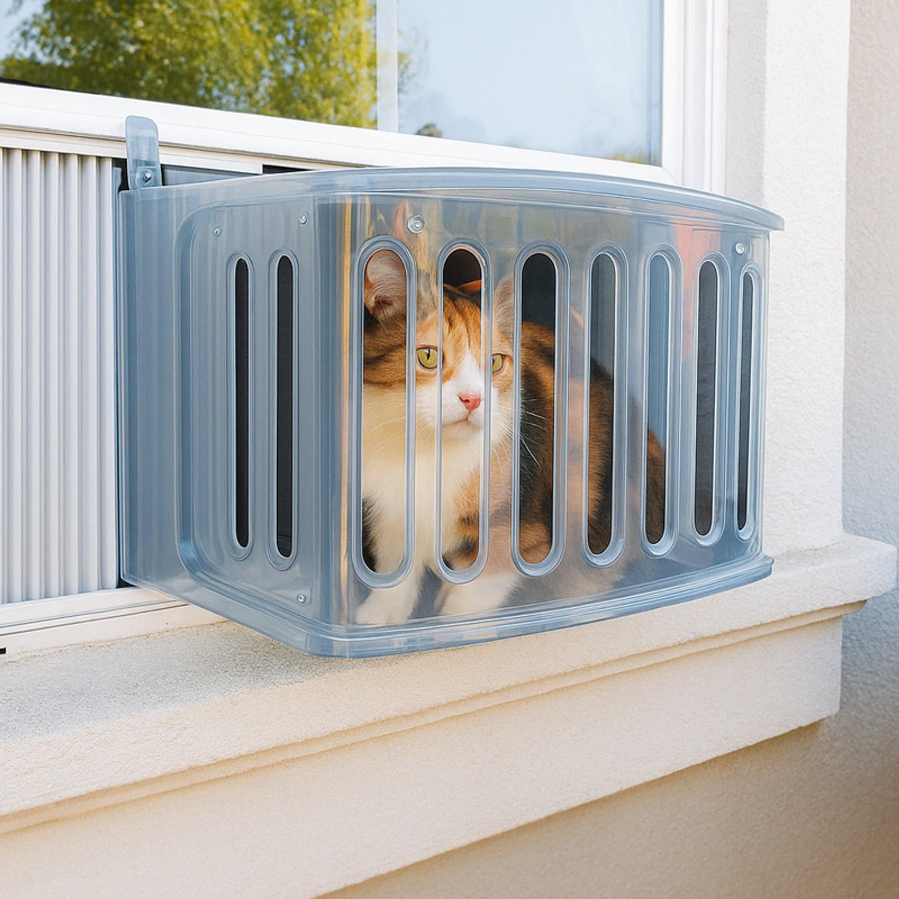 VistaGato VistaBella window enclosure shown mounted at a window