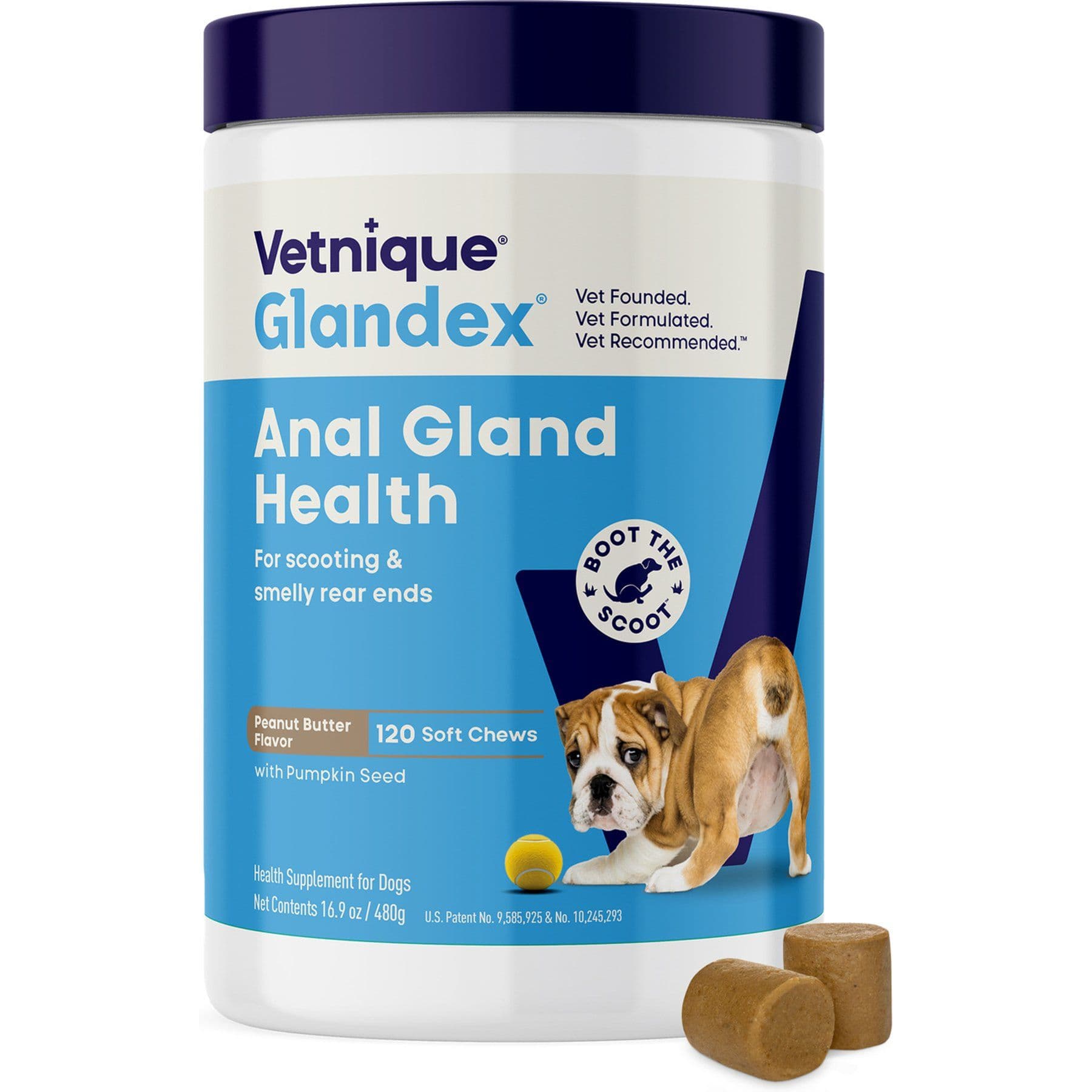 Vetnique Labs Glandex Dog Anal Gland Support Soft Chews with Pumpkin, Digestive Enzymes, Probiotics & Fiber Supplement Boot The Scoot Peanut Butter Flavored, 120 count