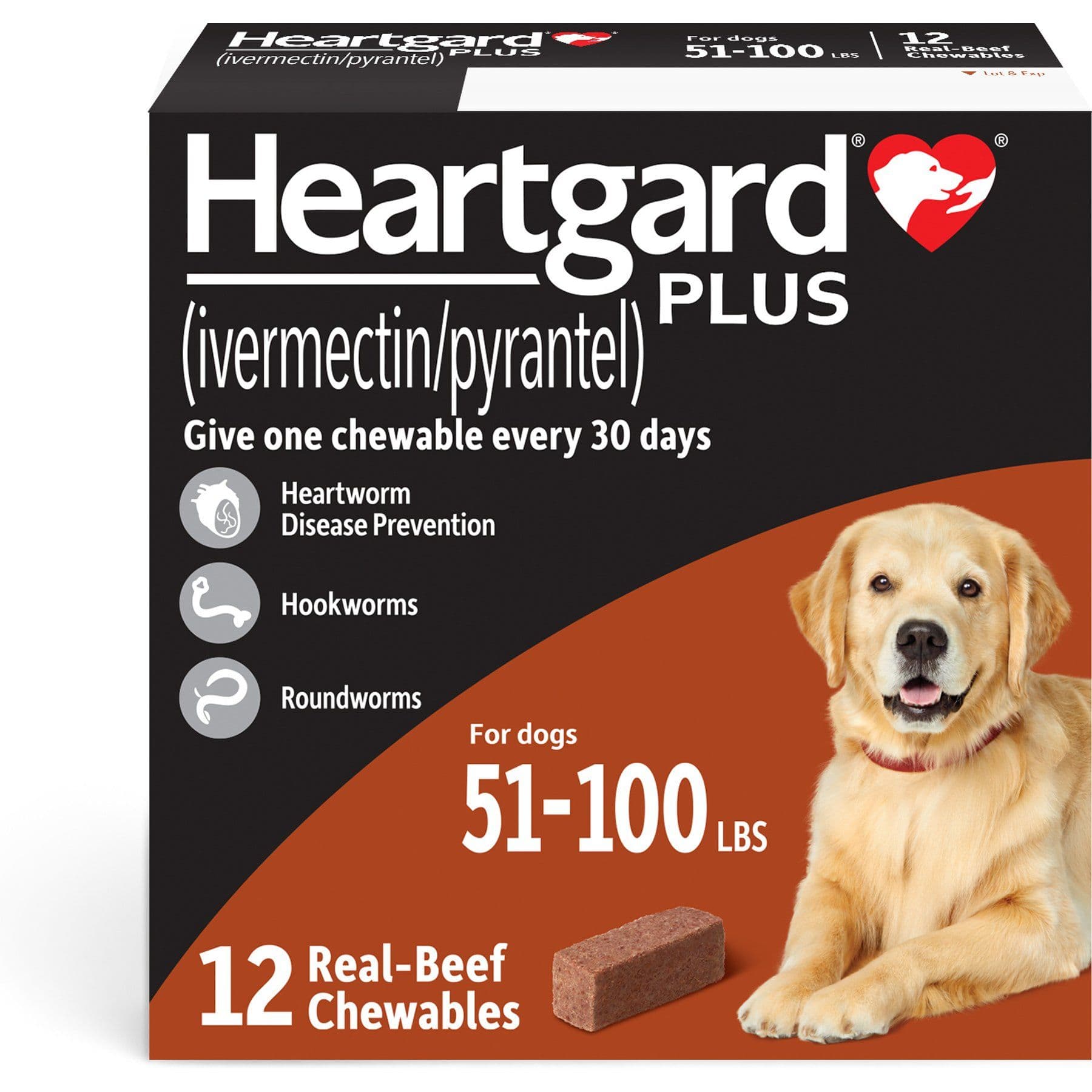 Heartgard Plus 51-100 lbs, Dogs 12 treatments, 272 mcg Ivermectin and 227 mg Pyrantel