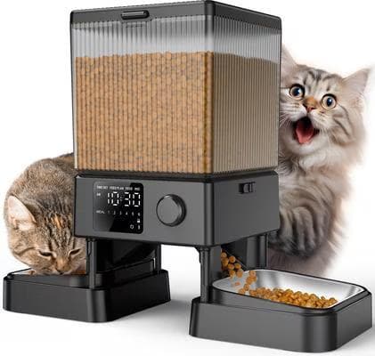 OneIsAll black stainless steel automatic two-bowl cat feeder