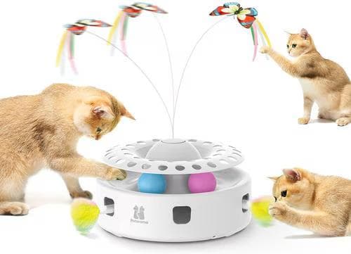 Potaroma 3-in-1 automatic cat toy with spinning butterflies, track balls, and a feather teaser