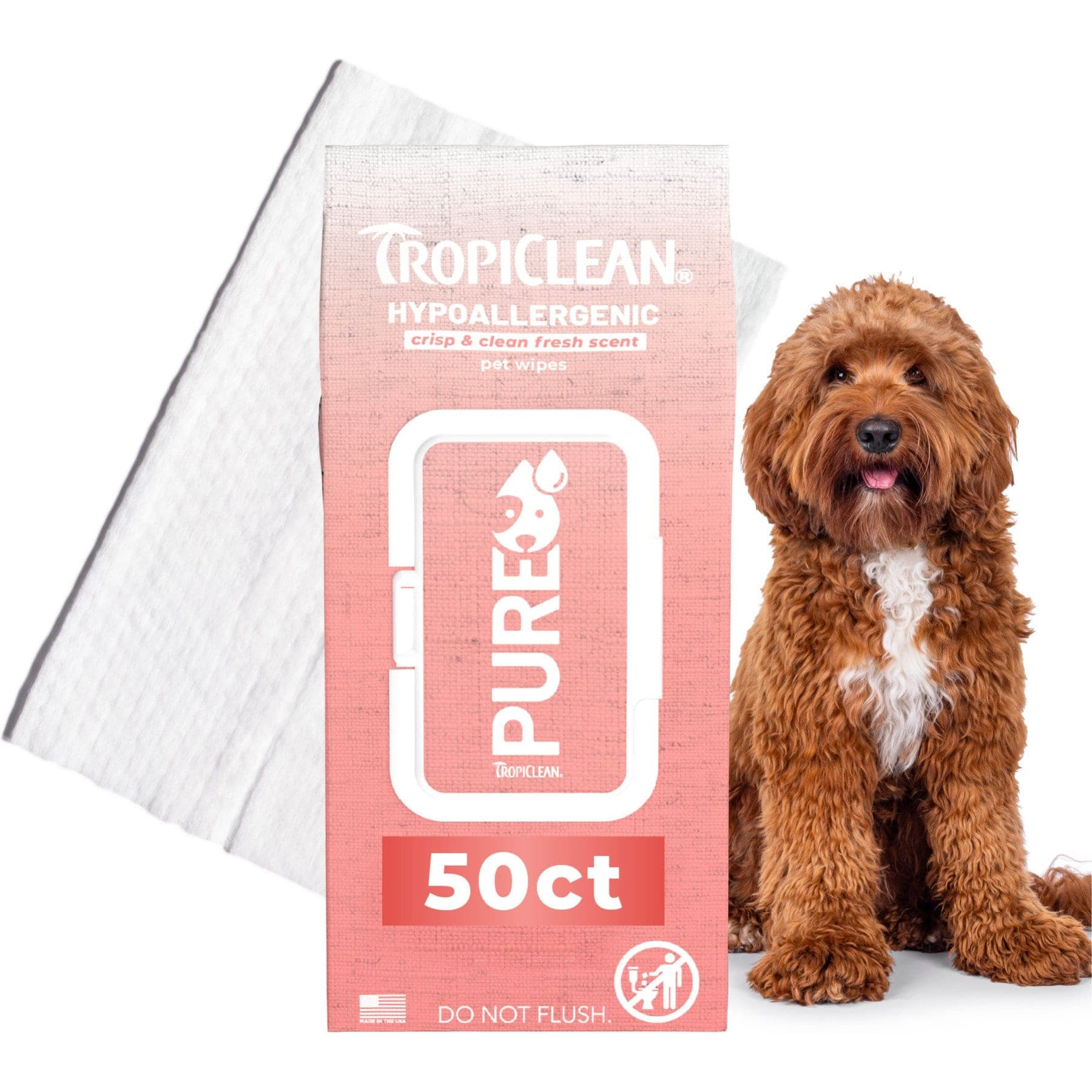 TropiClean Pure Hypoallergenic Dog & Cat Grooming Wipes, 50ct