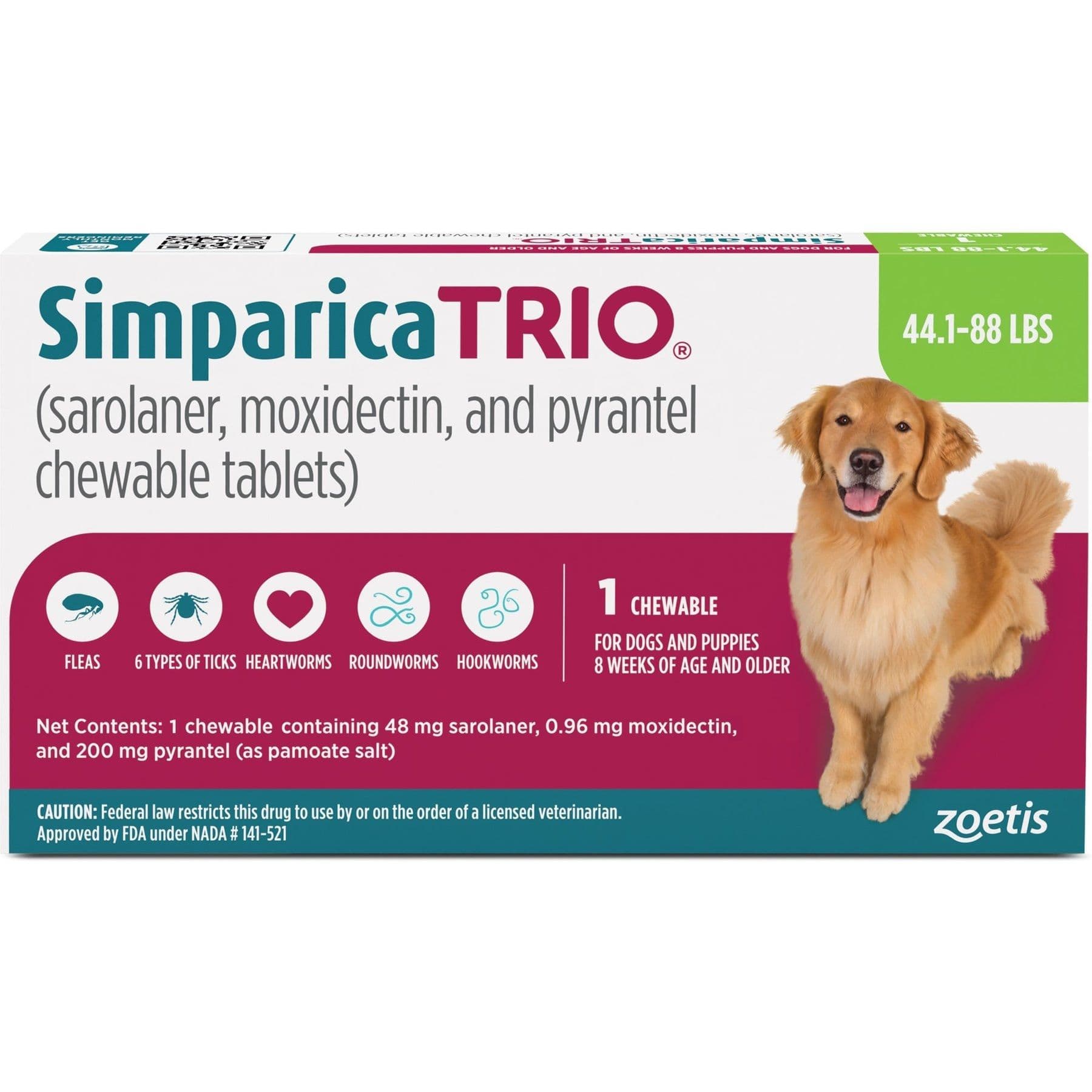 Simparica Trio Chewable Tablet for Dogs, 44.1-88 lbs, 1 Chewable Tablet (1-mo. supply)