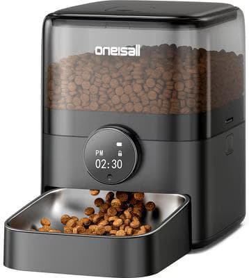 OneIsAll PF05 black automatic cat feeder dispensing kibble into a stainless bowl