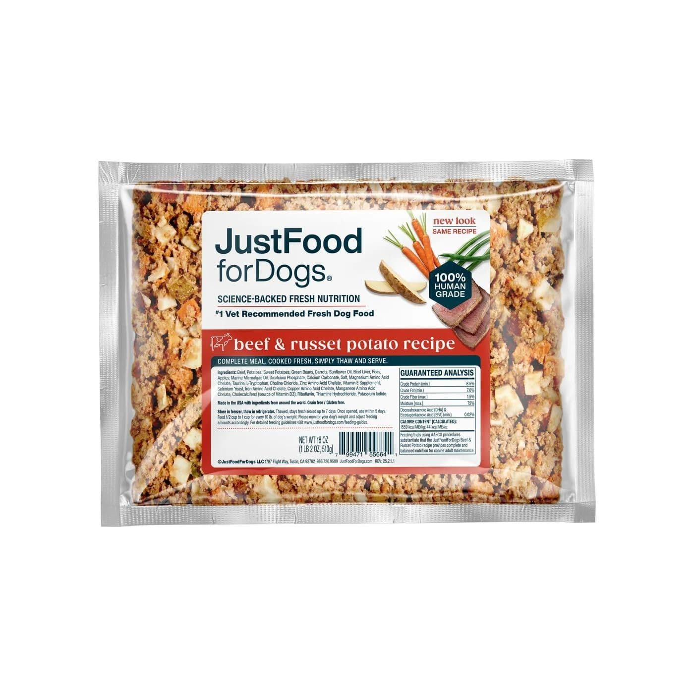 JustFoodForDogs Beef & Russet Potato genuine product packaging