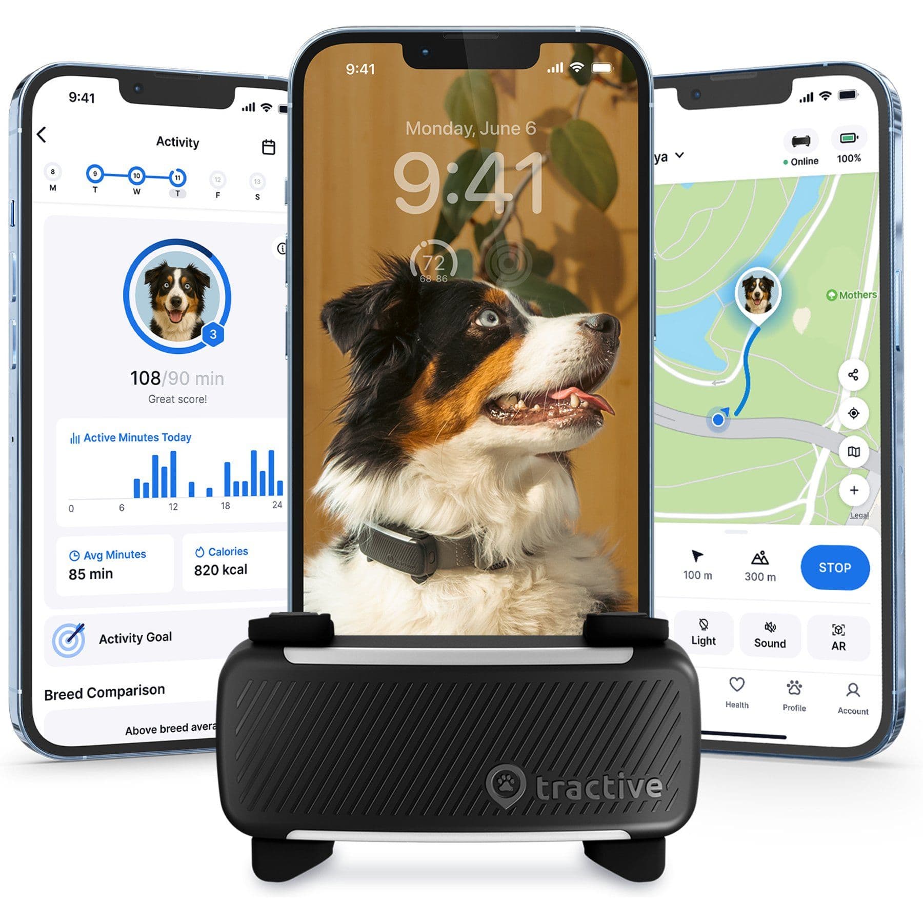Tractive Smart Dog GPS Tracker with Vital Signs Monitoring, Dog Collar Attachment, Black