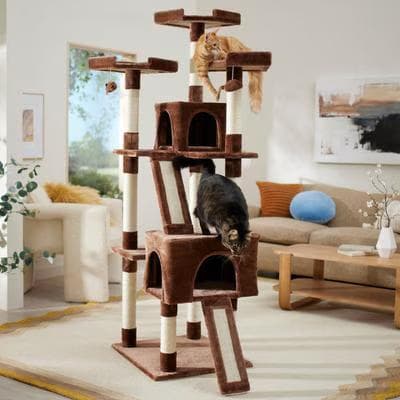 Brown Frisco 72-inch faux fur cat tree and condo in a living room with two cats on its perches