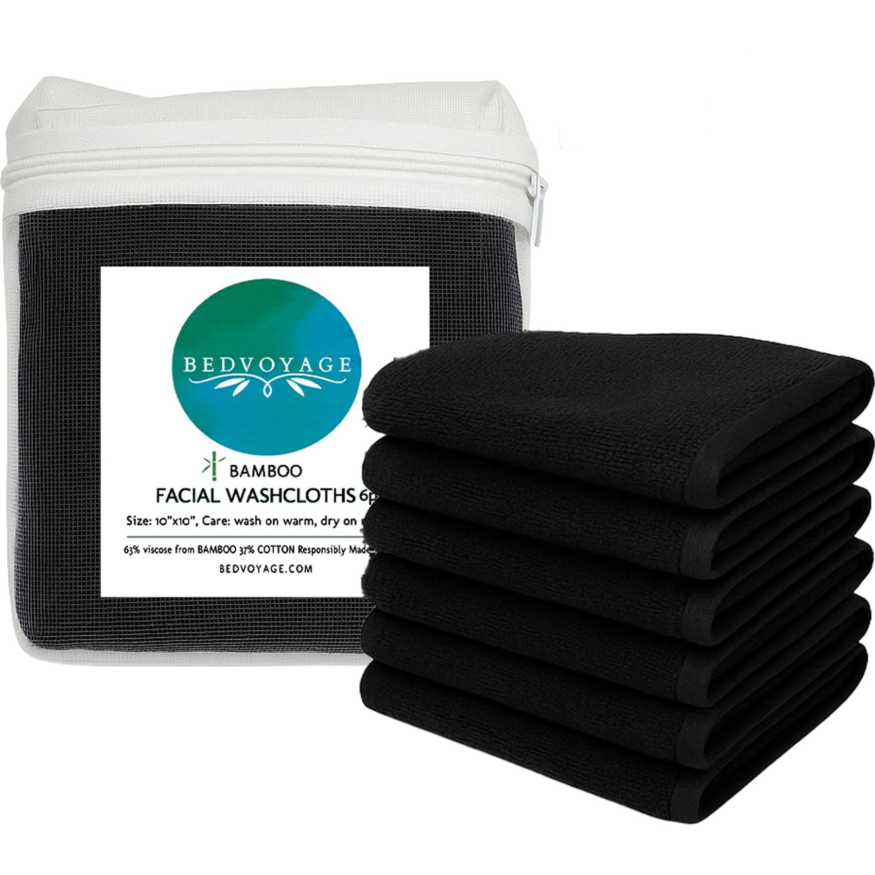 BedVoyage Viscose from Bamboo Cotton 600 GSM Absorbent & Odor Resistant Washcloth Set, Black, 6 count
