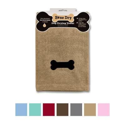 Taupe Bone Dry microfiber dog drying towel with an embroidered black bone, shown in retail packaging