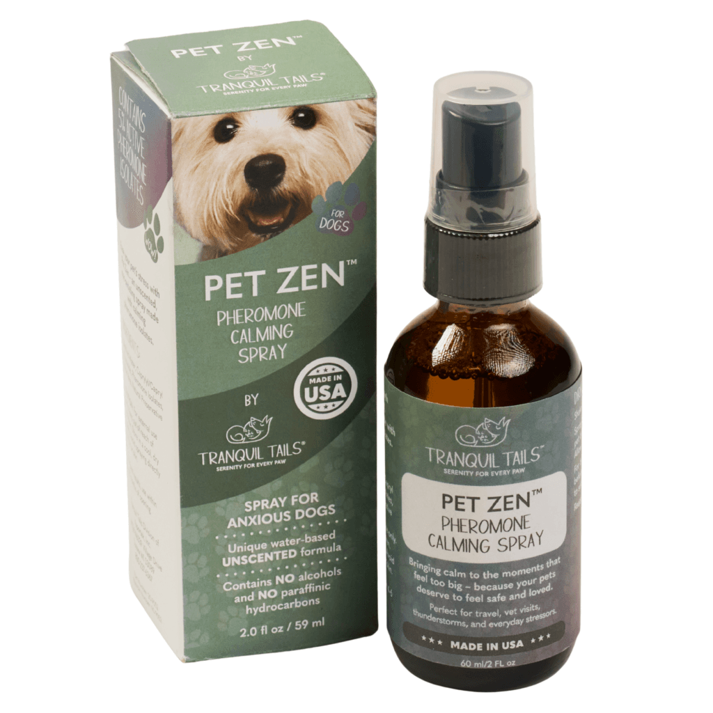 Tranquil Tails Pet Zen Pheromone Calming Spray for Dogs retail packaging