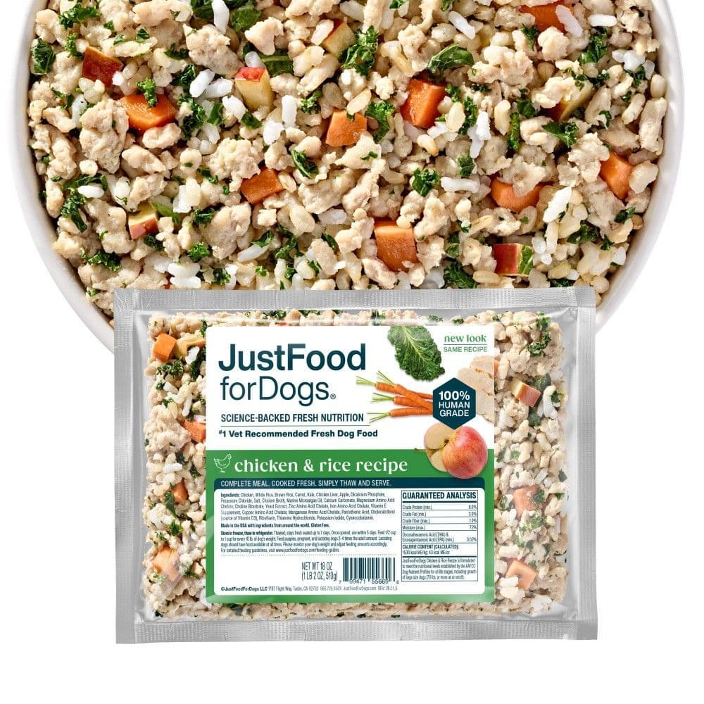 JustFoodForDogs Chicken & Rice genuine product packaging