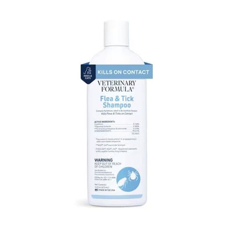 Veterinary Formula Clinical Care Flea and Tick Shampoo bottle, labeled for dogs and cats